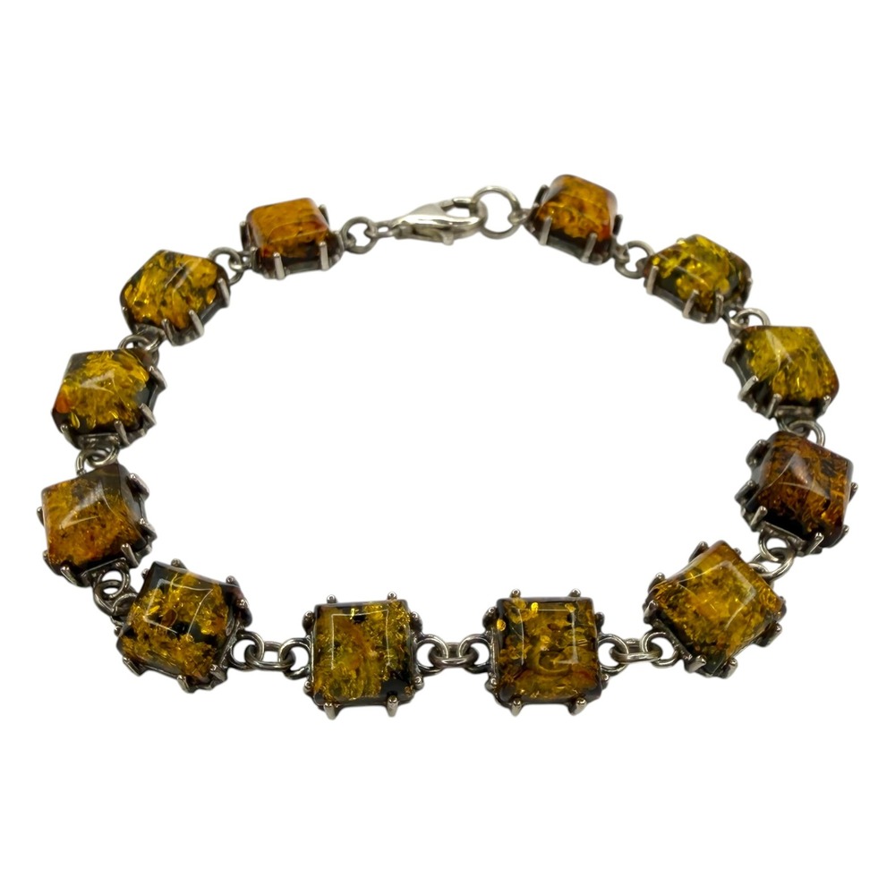 Vintage Link Bracelet 925 Sterling Silver 7.75in Brown Faux Amber Square